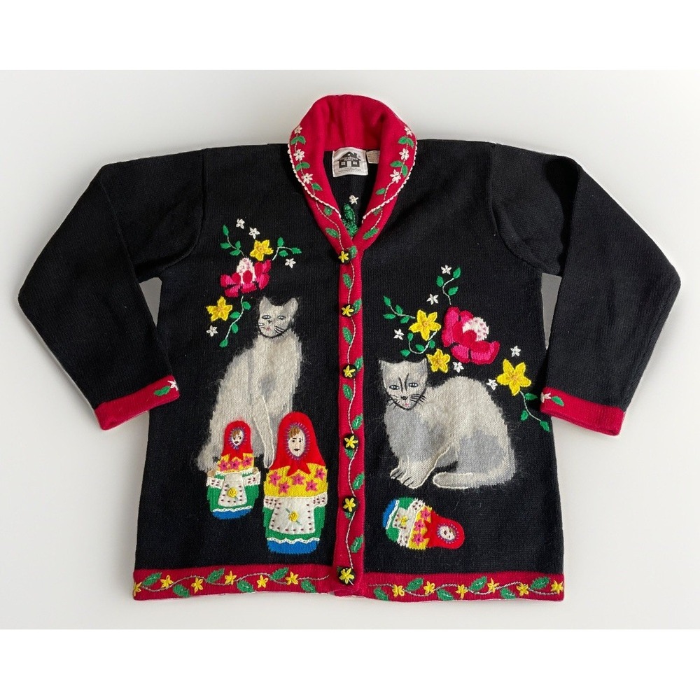 Storybook Knits Sweater Embroidered Cat Russian Nesting Doll Cardigan Size Med